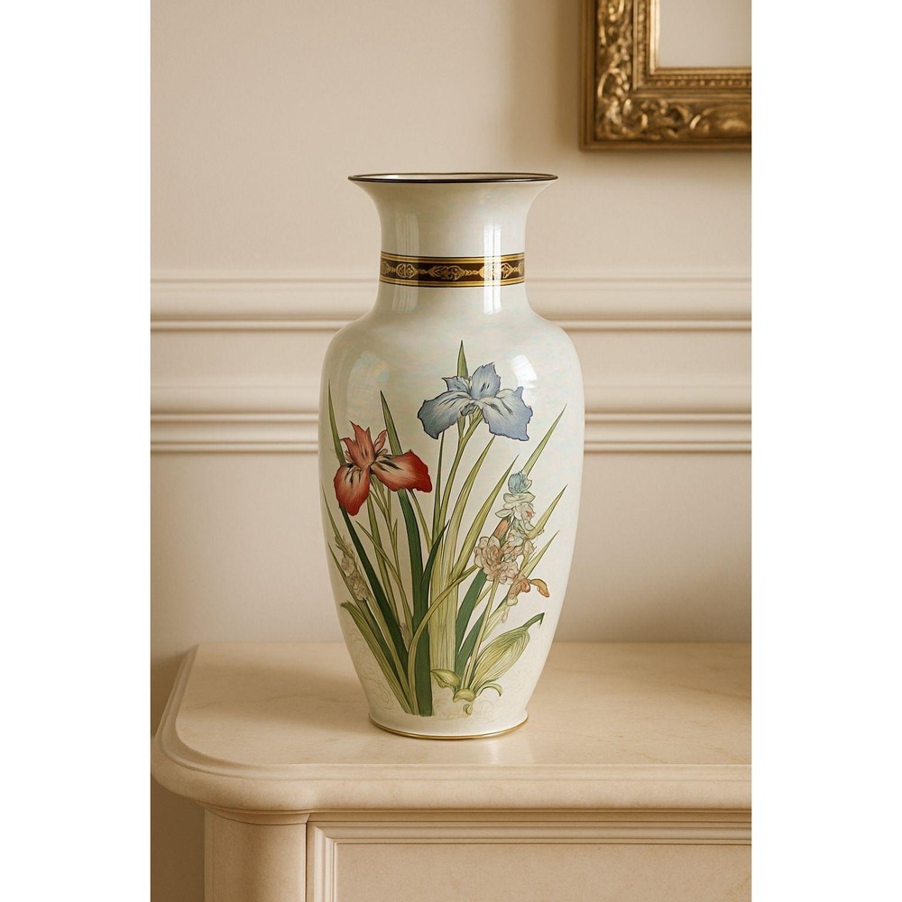 Vintage Japanese Iris Vase Hand Painted Floral Gold Trim